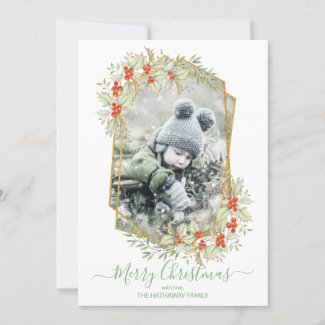 Gold and Holly | Geometric Photo Frame Holiday Card