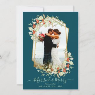 Gold and Holly Married & Merry | Geometric Photo Holiday Card
