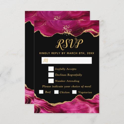 Gold and Hot Pink Agate Wedding Meal Choice RSVP Card
