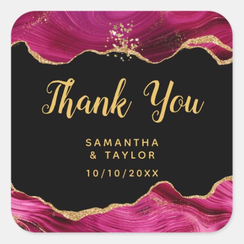 Gold and Hot Pink Agate Wedding Thank You Square Sticker