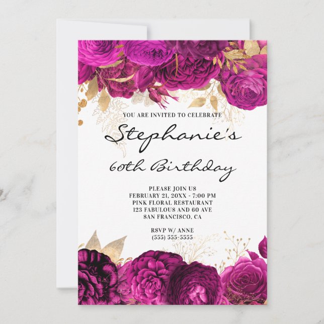 Gold and Hot Pink Floral Borders 60th Birthday Invitation (Front)