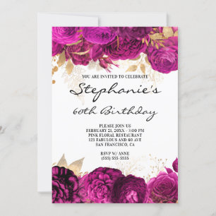 Gold and Hot Pink Floral Borders 60th Birthday Invitation