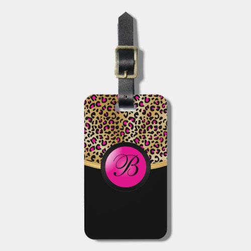 Gold and Hot Pink Leopard Animal Print  Monogram Luggage Tag