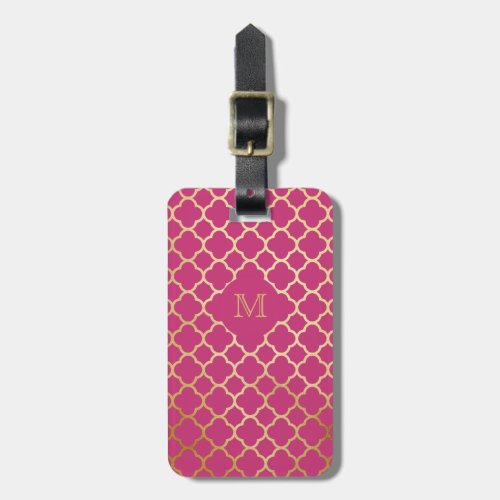 Gold and Hot Pink quatrefoil Luggage Tag