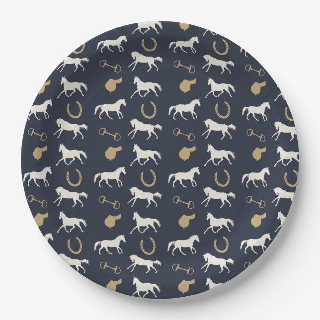 Gold and Ivory English Horses Pattern Paper Plates (Front)