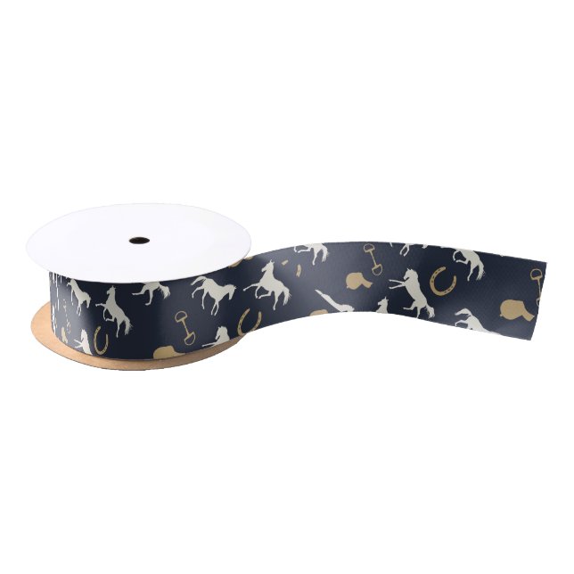 Gold and Ivory English Horses Pattern Satin Ribbon (Spool)