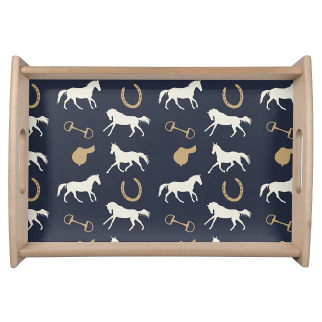 Gold and Ivory English Horses Pattern Serving Tray (Front)