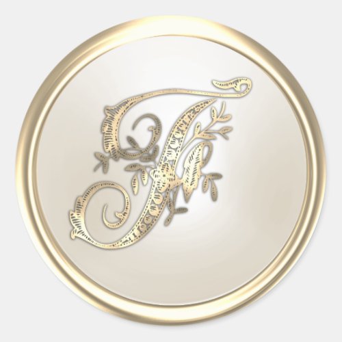 Gold and Ivory Ornate Initial Monogram F Classic Round Sticker