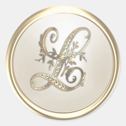 Gold and Ivory Ornate Initial Monogram L Classic Round Sticker