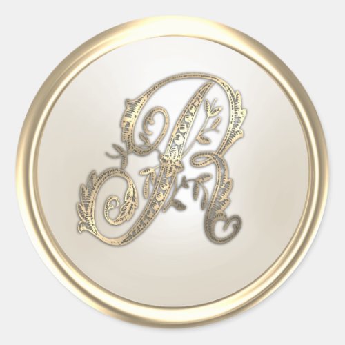 Gold and Ivory Ornate Initial Monogram R Classic Round Sticker
