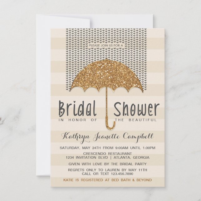 Gold and Ivory Umbrella & Hearts Bridal Shower Invitation (Front)