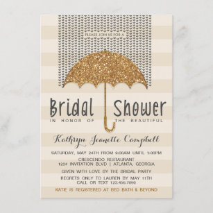 Gold and Ivory Umbrella & Hearts Bridal Shower Invitation