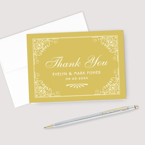 Gold and Ivory Vintage Art Deco Wedding Monogram Thank You Card