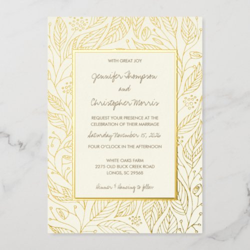 Gold and Ivory Whimsical  Foliage Wedding Foil Invitation