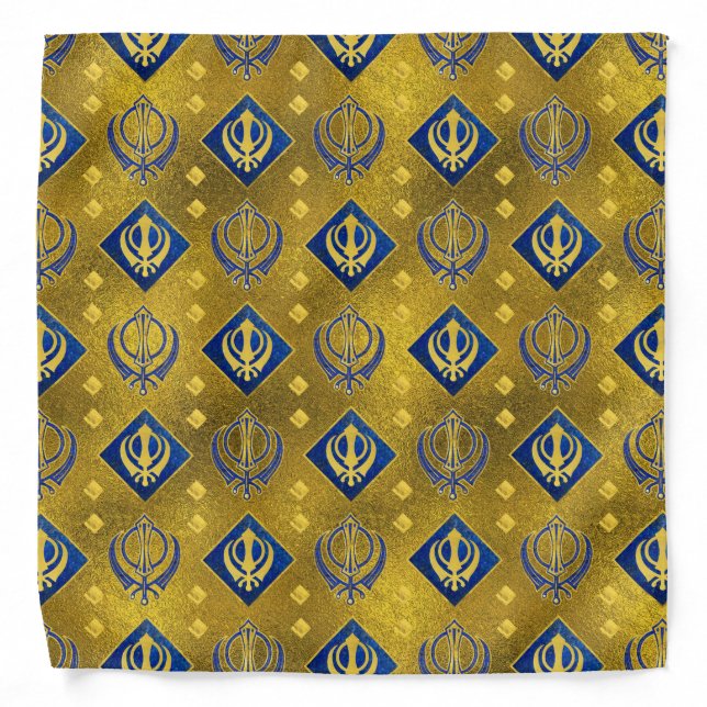 Gold and Lapis Lazuli Khanda symbol pattern Bandana (Front)