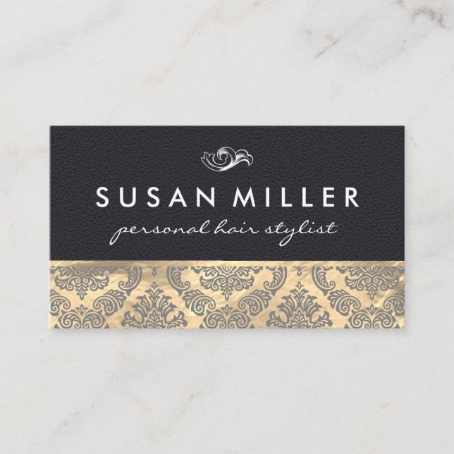 Gold and Leather with Damask Business Card (Front)