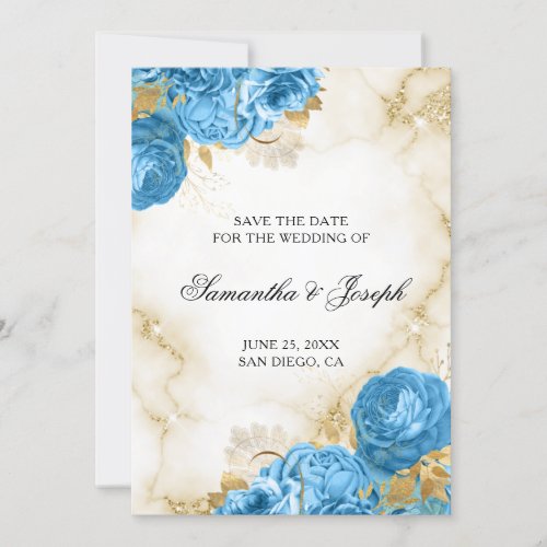 Gold and Light Blue Vintage Floral Border Save The Date