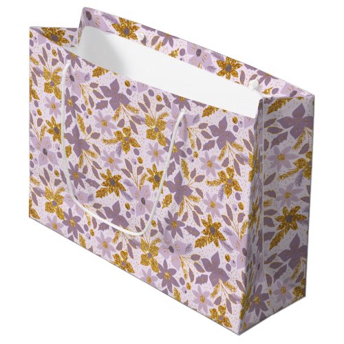 Gold and Light Purple Christmas Poinsettia Flowers Large Gift Bag