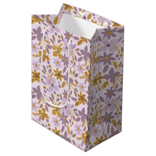 Gold and Light Purple Christmas Poinsettia Flowers Medium Gift Bag