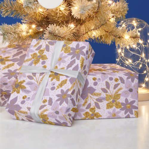 Gold and Light Purple Christmas Poinsettia Flowers Wrapping Paper