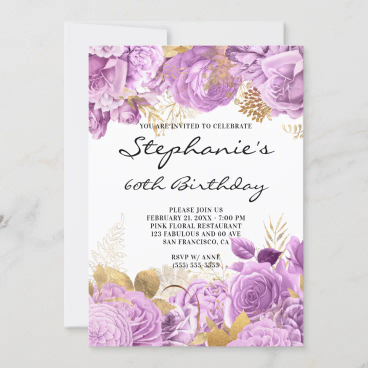 Gold and Lilac Floral Borders 60th Birthday Invitation | Zazzle