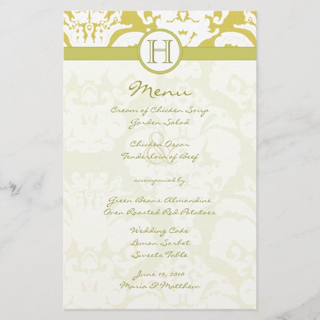 Gold and Lime Damask Wedding Menu (Front)