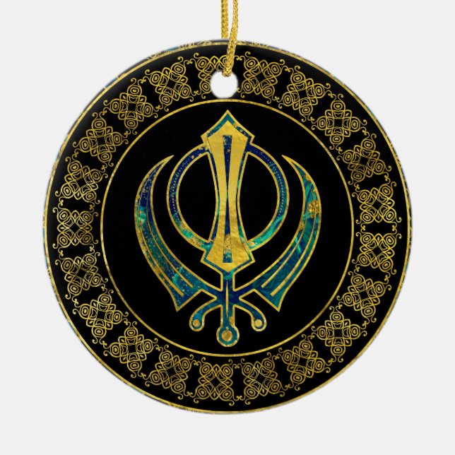 Gold and Marble Khanda symbol Ceramic Ornament (Front)
