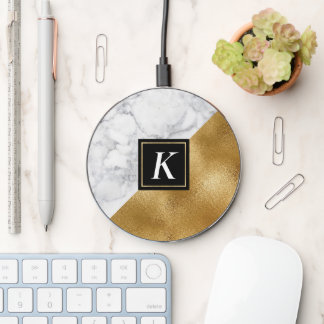 Gold and Marbled Monogrammed Wireless Charger