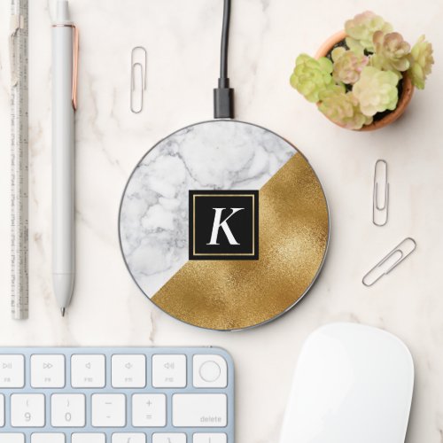 Gold and Marbled Monogrammed Wireless Charger