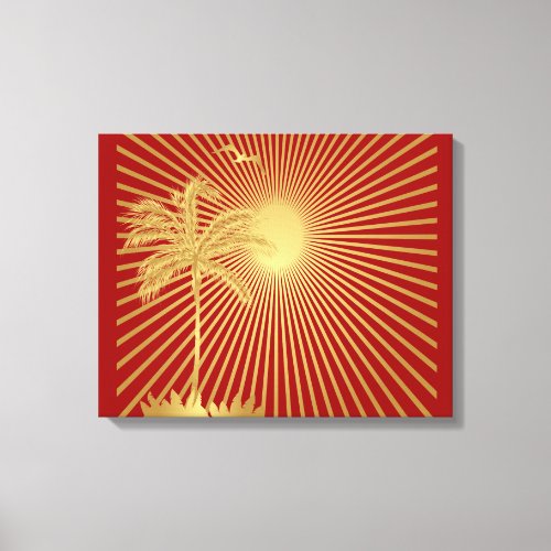 Gold and Maroon Palm Tree Sun and Bird Canvas