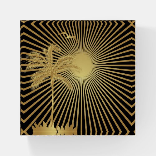 Gold and Maroon Palm Tree Sun and Bird Canvas Paperweight