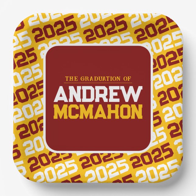 Gold and Maroon Personalized Graduation Paper Plates (Front)