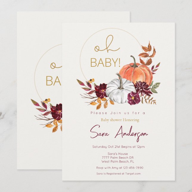 Gold and Maroon Pumpkin Fall Baby Shower  Invitation (Front/Back)