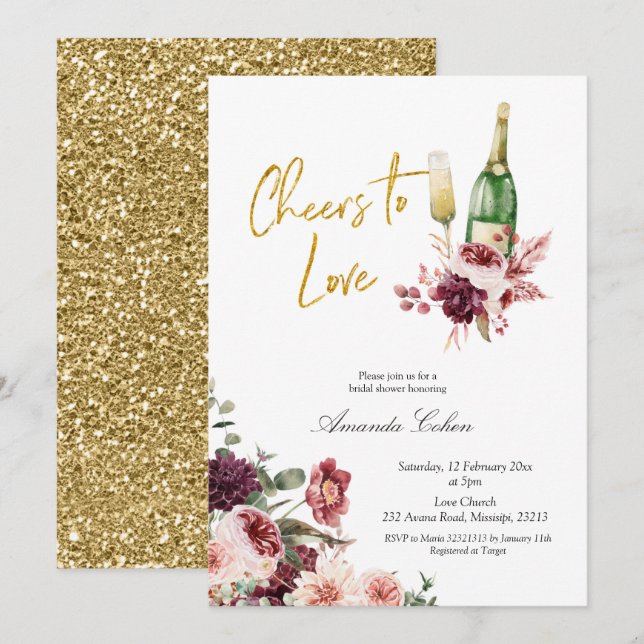 Gold and Marsala Cheers to Love Invitation (Front/Back)