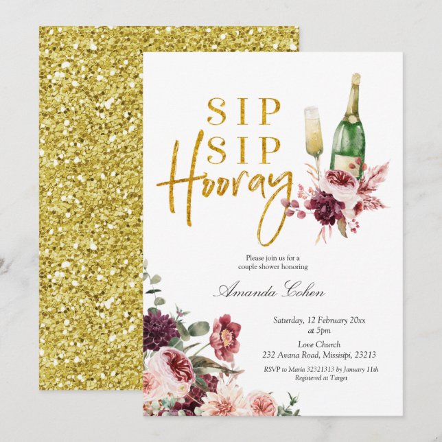 Gold and Marsala Sip Sip Hooray Invitation (Front/Back)