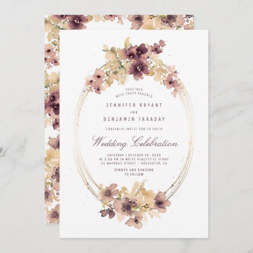 Gold and Mauve Floral Watercolor Vintage Wedding Invitation