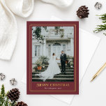 Gold and Merlot Red Decorative Photo Border Foil Holiday Card<br><div class="desc">Simply elegant holiday photo card features a portrait picture with a decorative yet minimalistic gold foil border frame of intersecting stripes. Includes "Merry Christmas" wording in beautiful scrolling serif typography with merlot / burgundy wine red colored background - can be modified. Bonus optional photo and wording can be personalized on...</div>