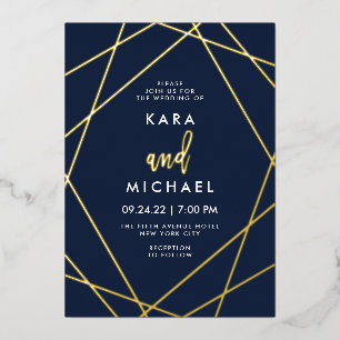 Gold and Midnight Blue Elegant Geometric Wedding Foil Invitation