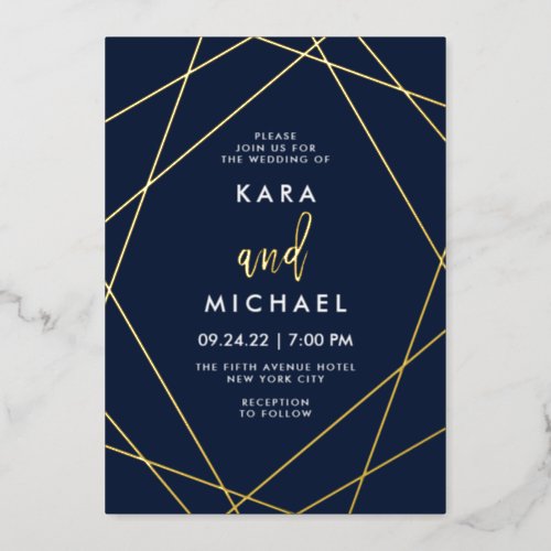 Gold and Midnight Blue Elegant Geometric Wedding Foil Invitation