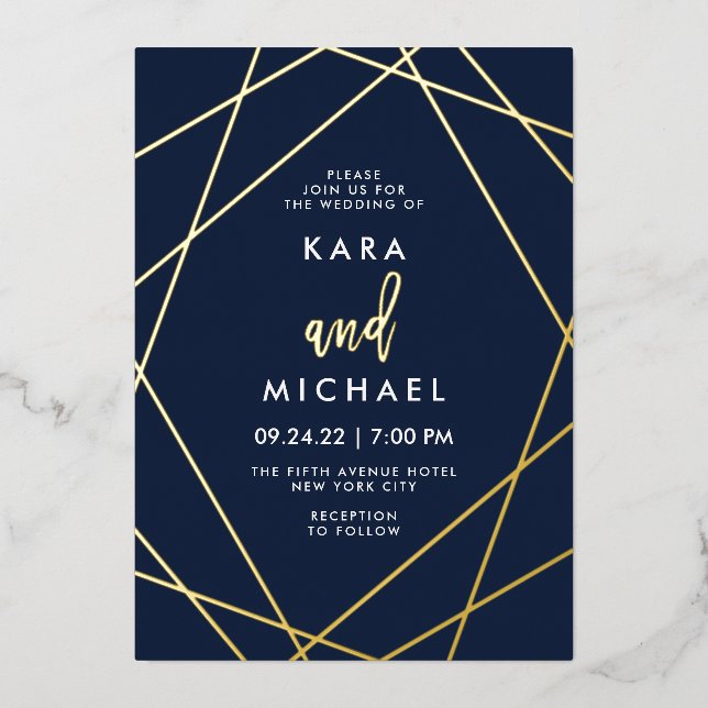Gold and Midnight Blue Elegant Geometric Wedding Foil Invitation (Front)