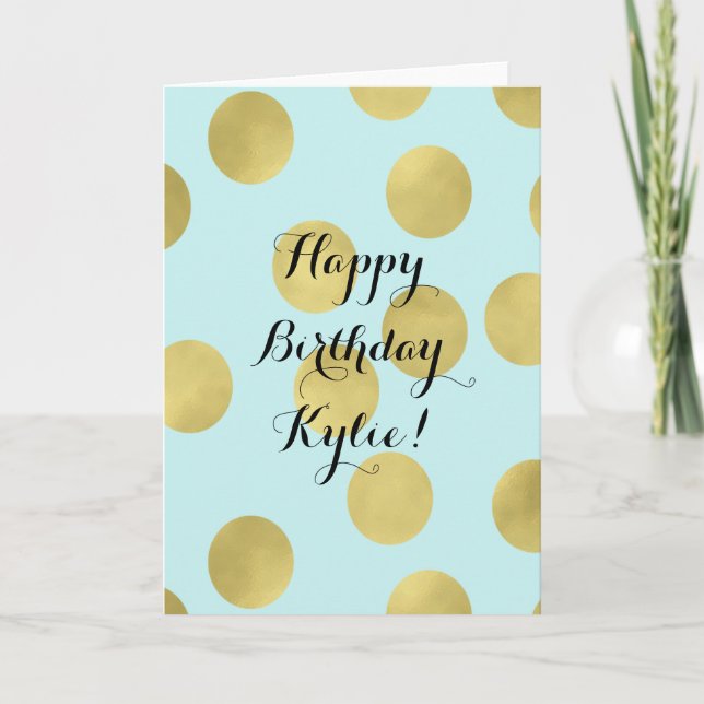 Gold and Mint Blue Dots Birthday Personalized Card (Front)