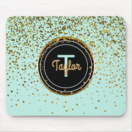 Gold And Mint Glam Confetti Dots | Green Monogram Mouse Pad