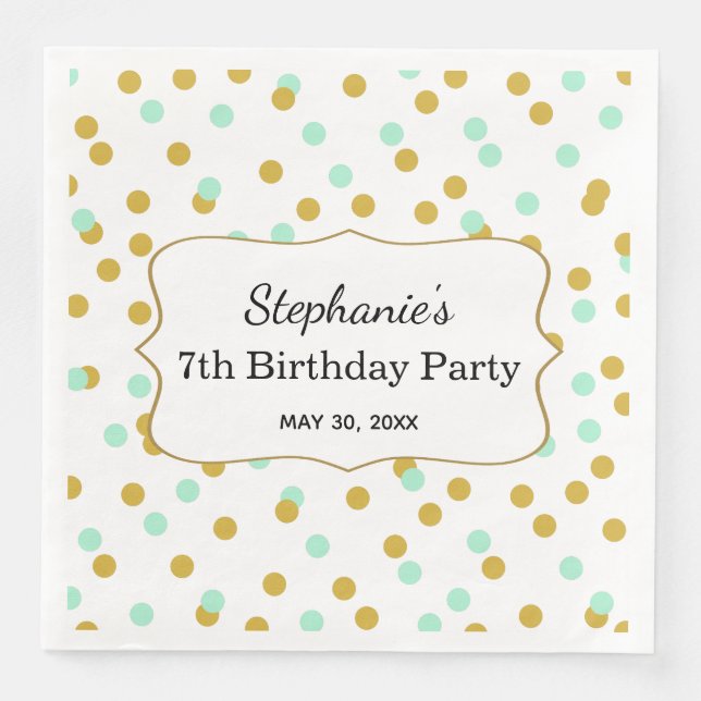 Gold and Mint Green Confetti Birthday Party Paper Dinner Napkins (Front)
