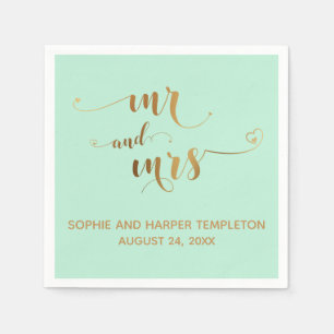 Gold and Mint Mr and Mrs Calligraphy with Hearts Napkins
