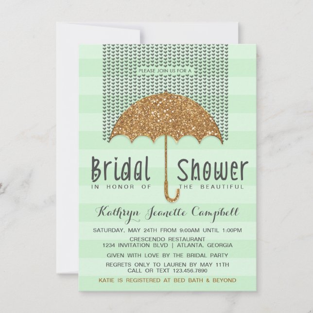 Gold and Mint Umbrella & Hearts Bridal Shower Invitation (Front)