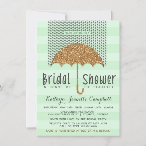 Gold and Mint Umbrella &amp; Hearts Bridal Shower Custom Invitations