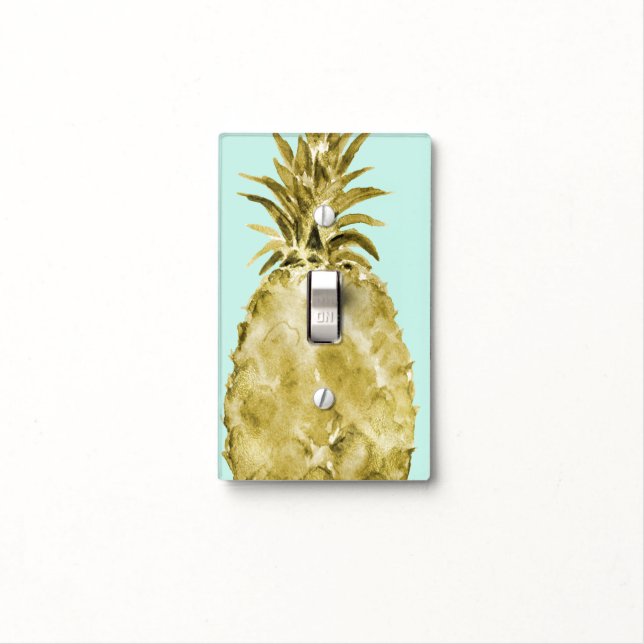 Gold and Mint Watercolor Pineapple Light Switch Cover (In Situ)