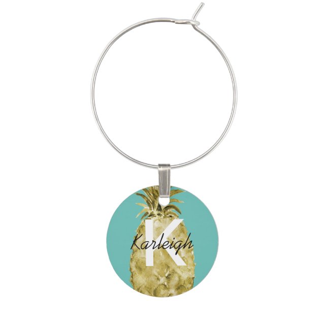 Gold and Mint Watercolor Pineapple Monogram Wine Charm (Front)