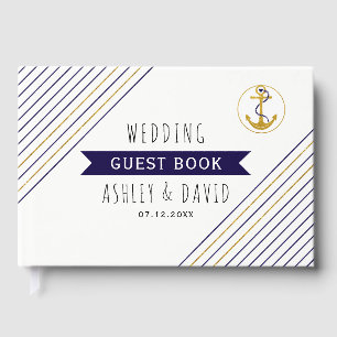 Gold and navy anchor stripes nautical wedding guest book