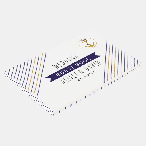 Gold and navy anchor stripes nautical wedding guest book
